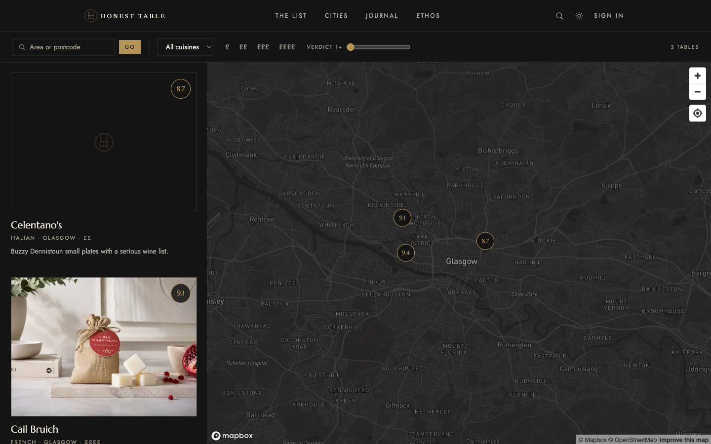 Honest Table restaurant discovery map themed for Glasgow